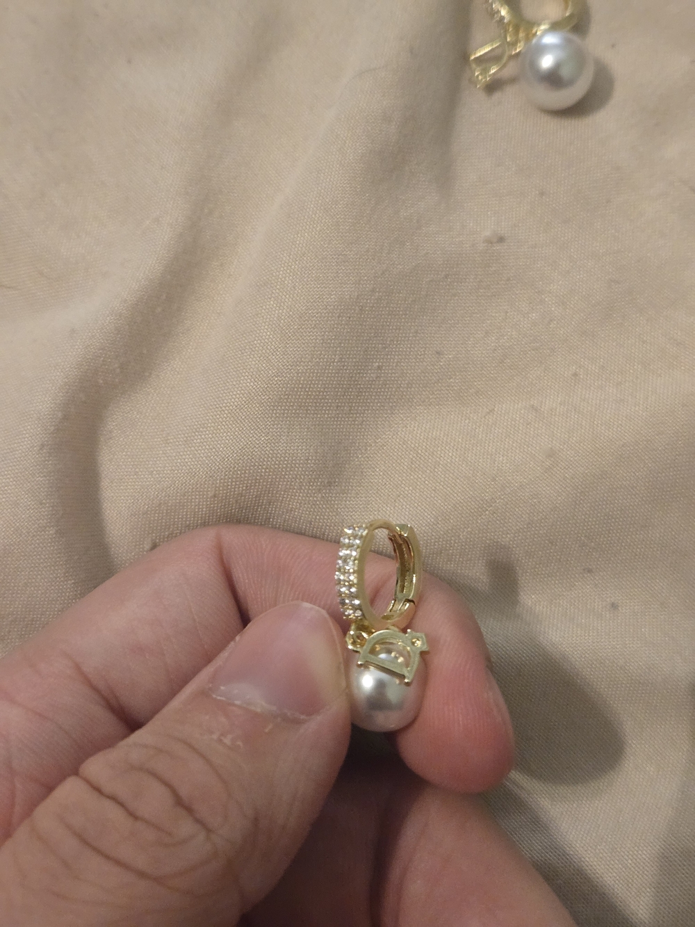 Gold Pearl Drop Huggie Earring with Cubic Zirconia
